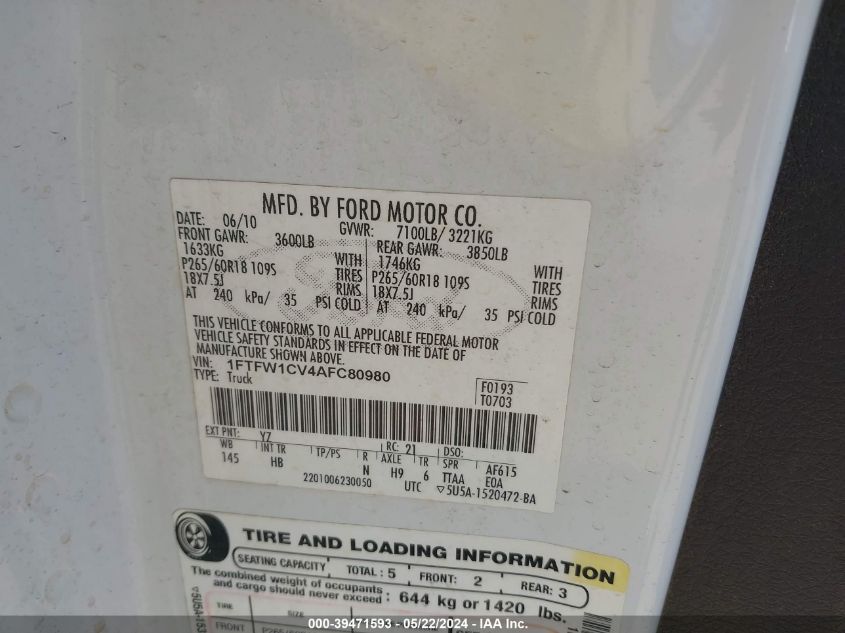 2010 Ford F-150 Fx2 Sport/Harley-Davidson/King Ranch/Lariat/Platinum/Xl/Xlt VIN: 1FTFW1CV4AFC80980 Lot: 39471593