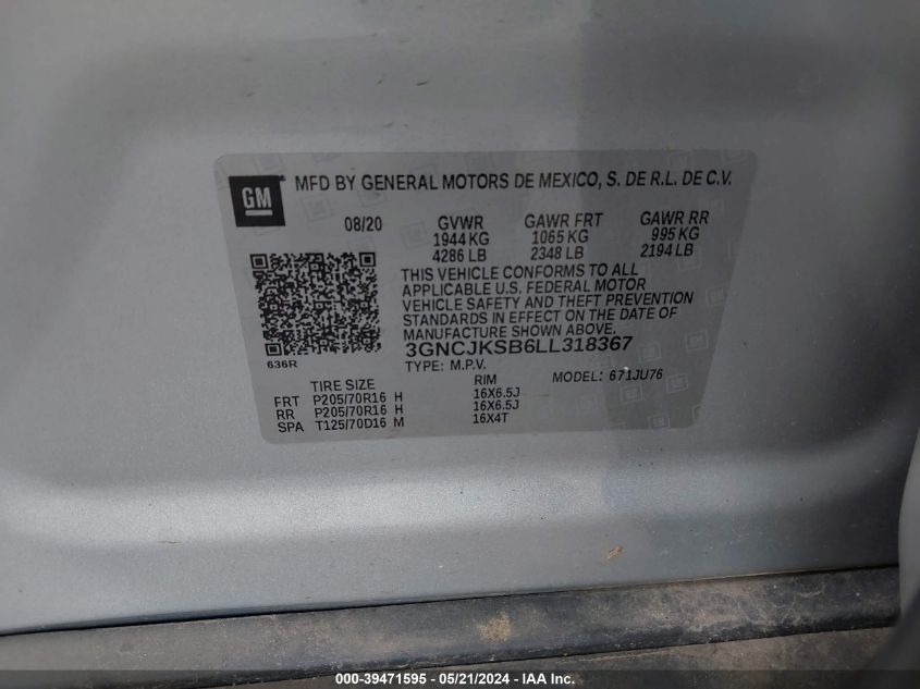 2020 Chevrolet Trax Fwd Ls VIN: 3GNCJKSB6LL318367 Lot: 39471595