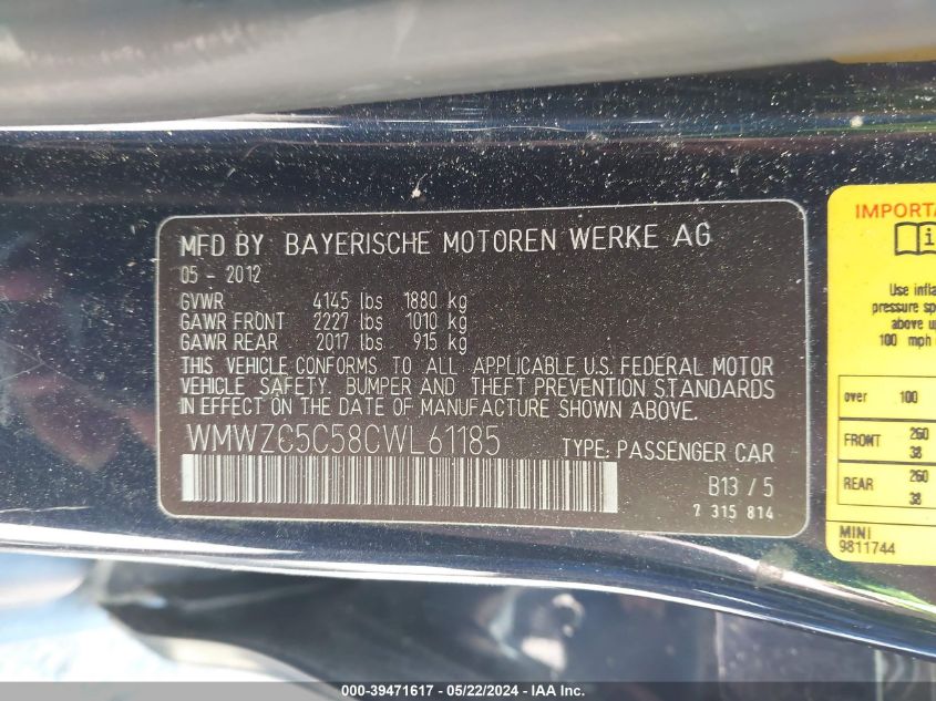 2012 Mini Cooper S Countryman VIN: WMWZC5C58CWL61185 Lot: 39471617