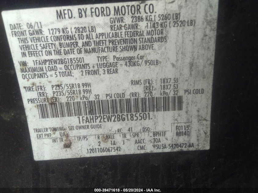 2011 Ford Taurus Sel VIN: 1FAHP2EW2BG185501 Lot: 39471618