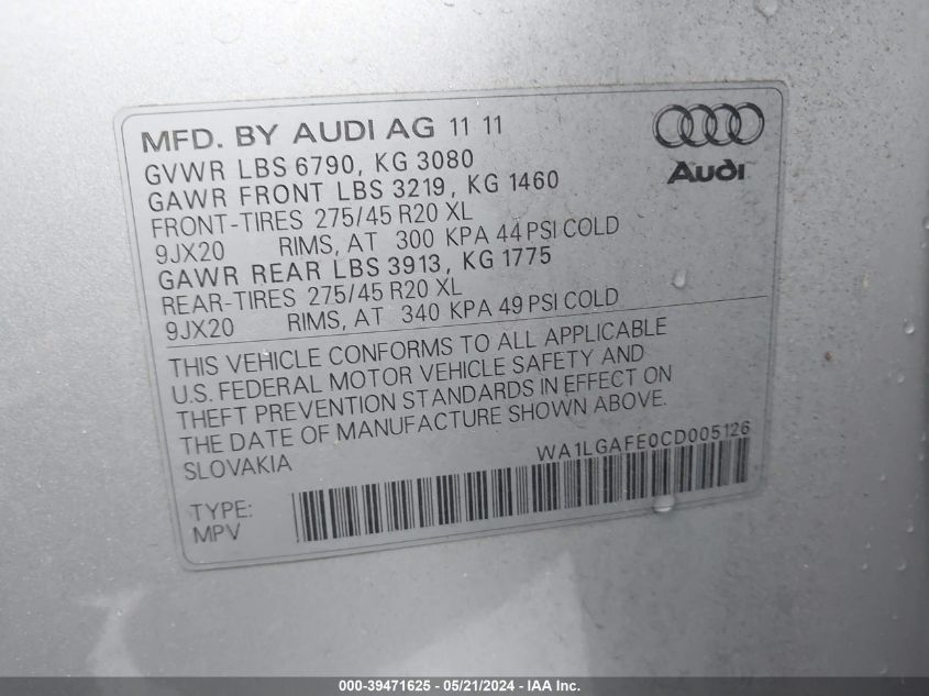 2012 Audi Q7 3.0T Premium VIN: WA1LGAFE0CD005126 Lot: 39471625