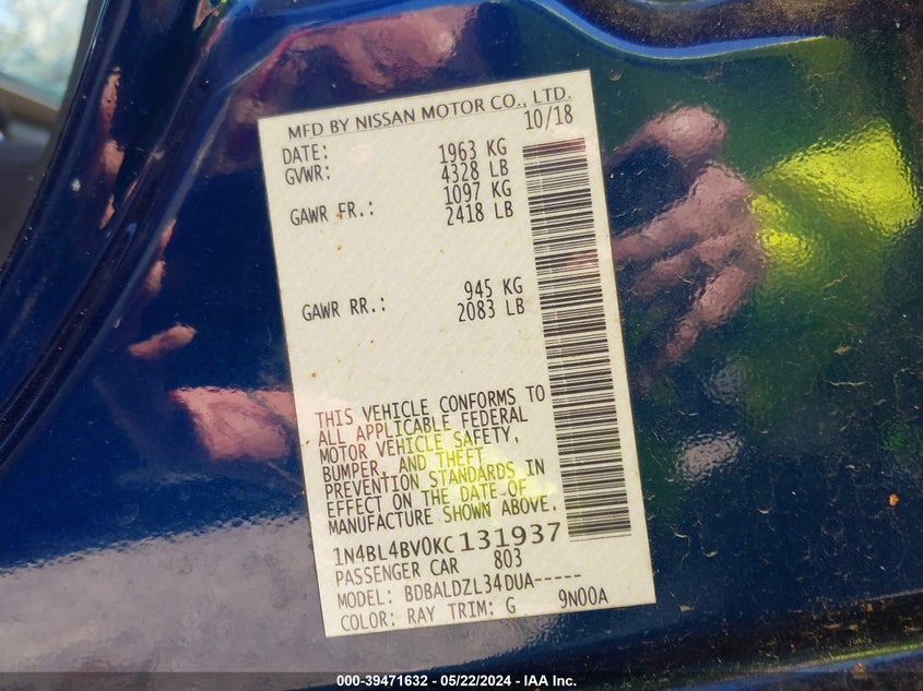 VIN 1N4BL4BV0KC131937 2019 NISSAN ALTIMA S
