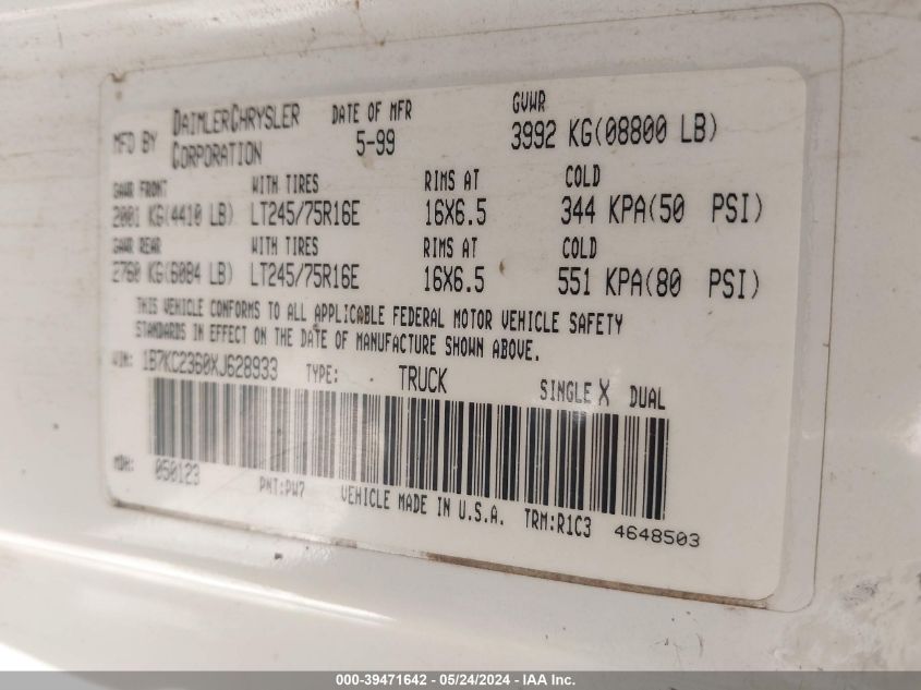 1999 Dodge Ram 2500 St VIN: 1B7KC2360XJ628933 Lot: 39471642