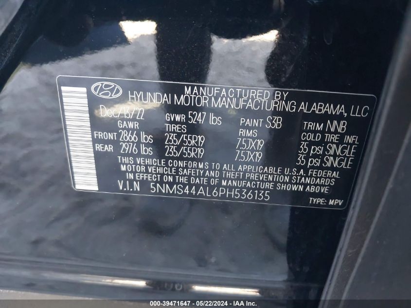 2023 Hyundai Santa Fe Limited VIN: 5NMS44AL6PH536135 Lot: 39471647