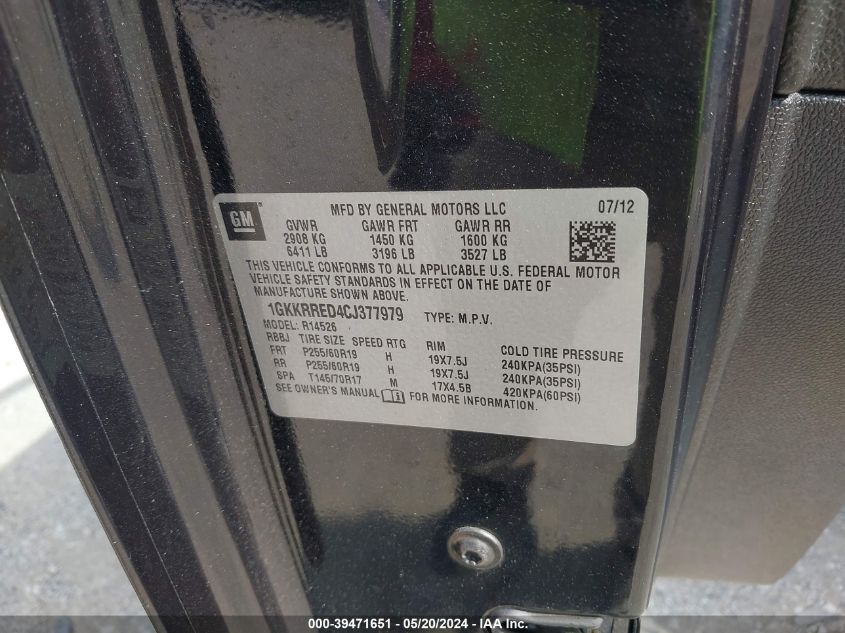 2012 GMC Acadia Slt-1 VIN: 1GKKRRED4CJ377979 Lot: 39471651