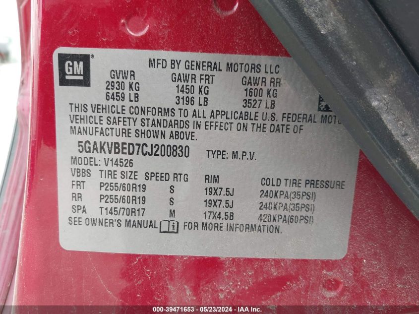 2012 Buick Enclave Convenience VIN: 5GAKVBED7CJ200830 Lot: 39471653