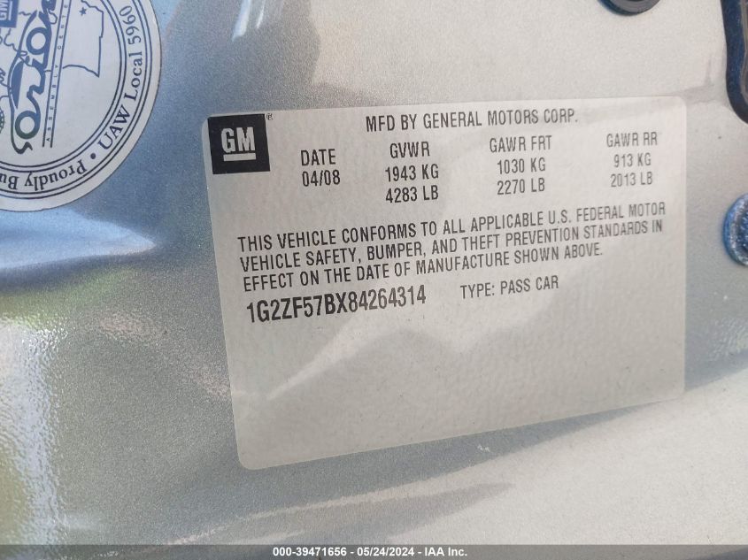 2008 Pontiac G6 Value Leader VIN: 1G2ZF57BX84264314 Lot: 39471656