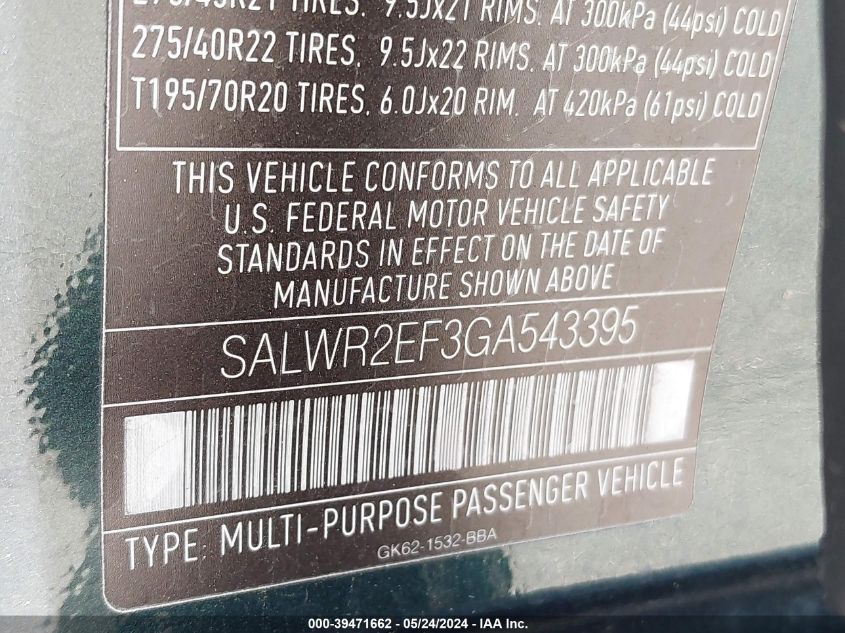 2016 Land Rover Range Rover Sport 5.0L V8 Supercharged/5.0L V8 Supercharged Dynamic VIN: SALWR2EF3GA543395 Lot: 39471662