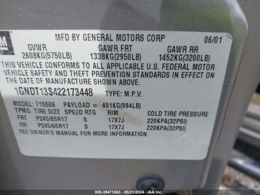 2002 Chevrolet Trailblazer Ltz VIN: 1GNDT13S422173448 Lot: 39471663