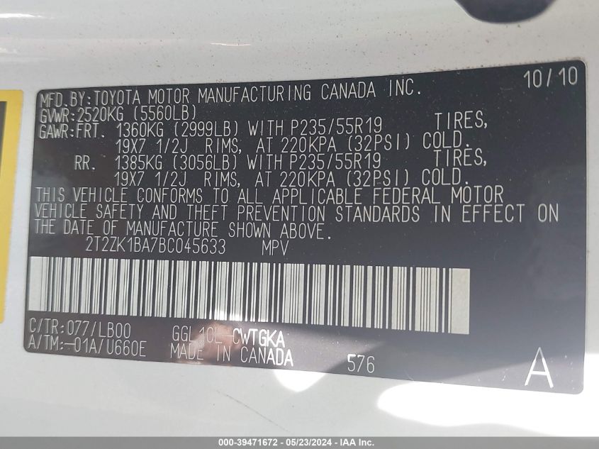 2011 Lexus Rx 350 VIN: 2T2ZK1BA7BC045633 Lot: 39471672