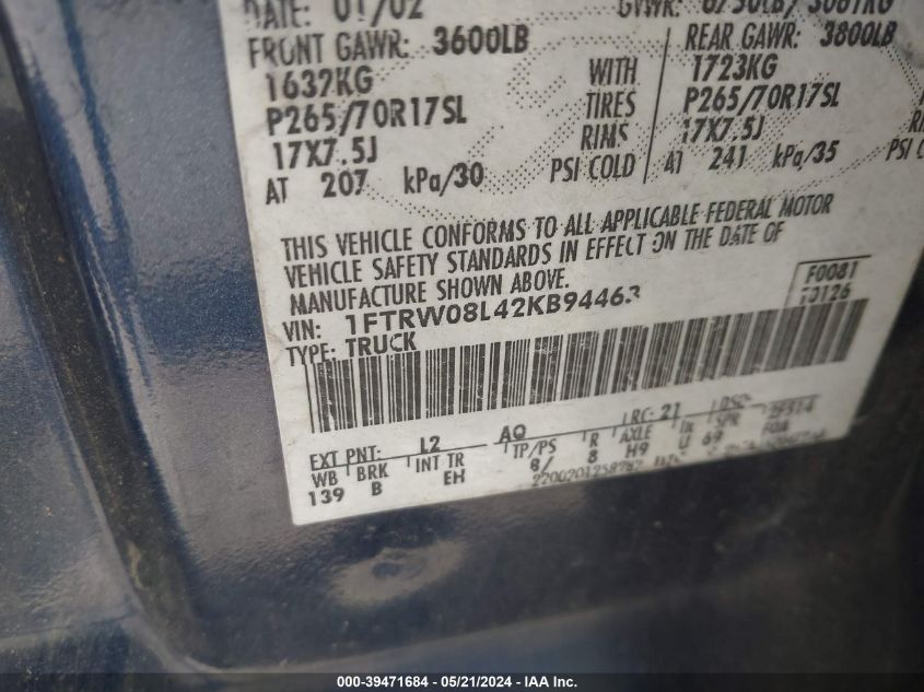 2002 Ford F-150 Lariat/Xlt VIN: 1FTRW08L42KB94463 Lot: 39471684