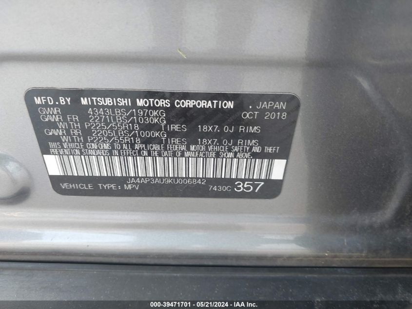 2019 Mitsubishi Outlander Sport 2.0 Es/2.0 Le/2.0 Sp VIN: JA4AP3AU9KU006842 Lot: 39471701