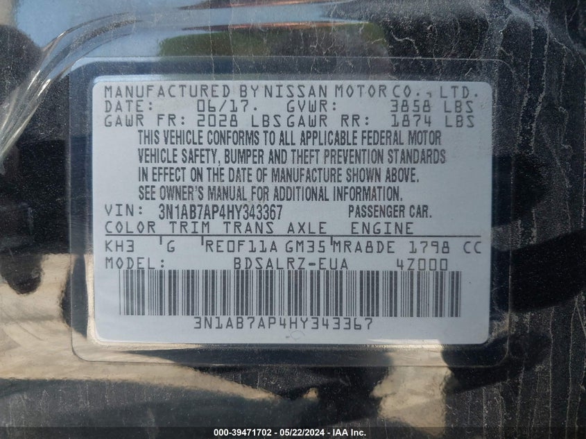 2017 Nissan Sentra Sr VIN: 3N1AB7AP4HY343367 Lot: 39471702