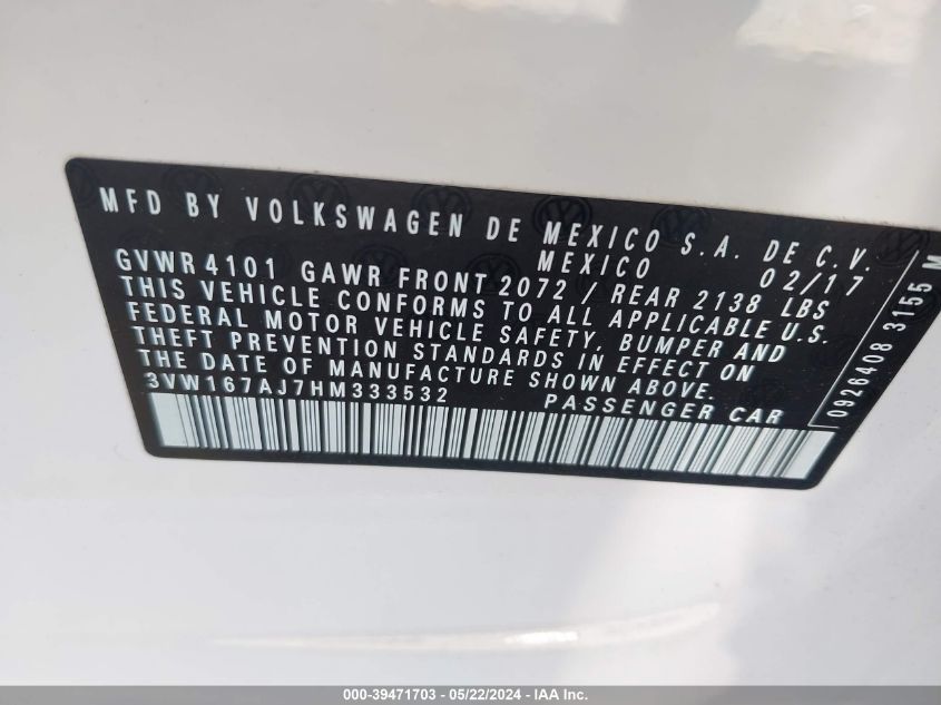 2017 Volkswagen Jetta 1.4T S VIN: 3VW167AJ7HM333532 Lot: 39471703