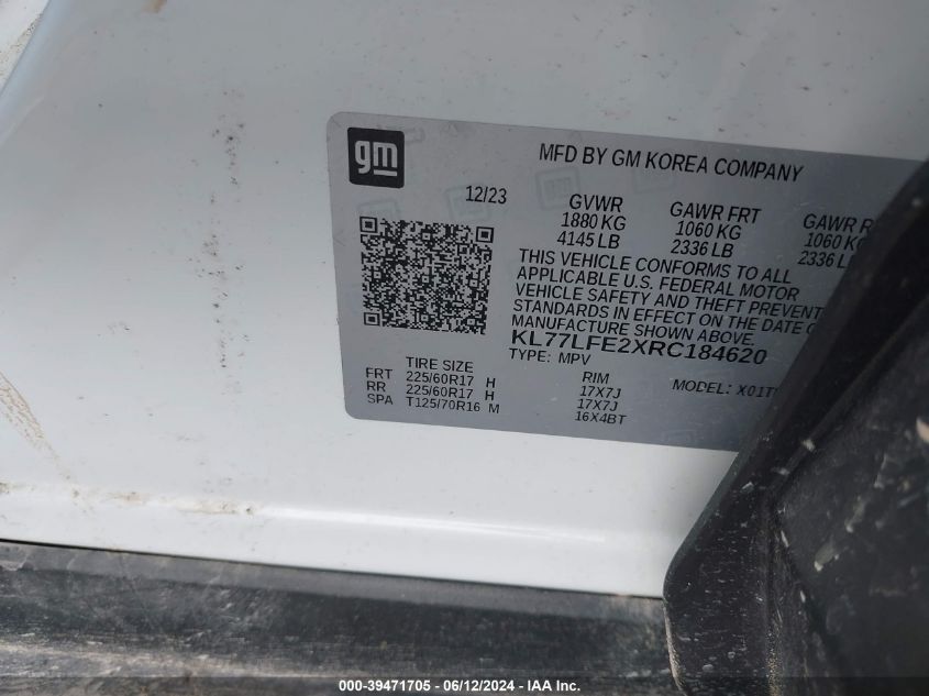 2024 Chevrolet Trax Fwd Sp VIN: KL77LFE2XRC184620 Lot: 39471705