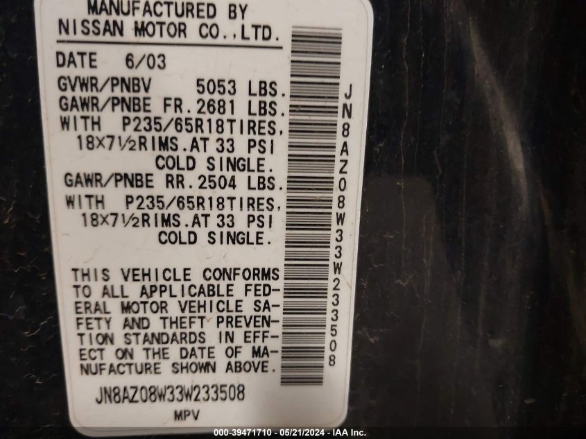 2003 Nissan Murano Se VIN: JN8AZ08W33W233508 Lot: 39471710
