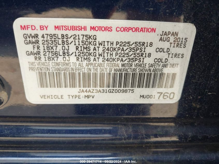 2016 Mitsubishi Outlander Se VIN: JA4AZ3A31GZ009875 Lot: 39471714