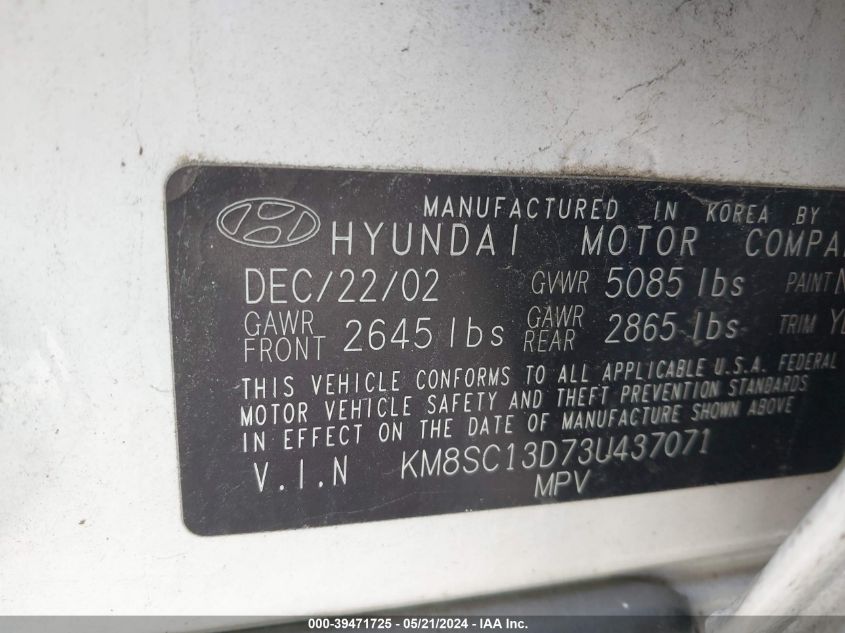 2003 Hyundai Santa Fe Gls/Lx VIN: KM8SC13D73U437071 Lot: 39471725