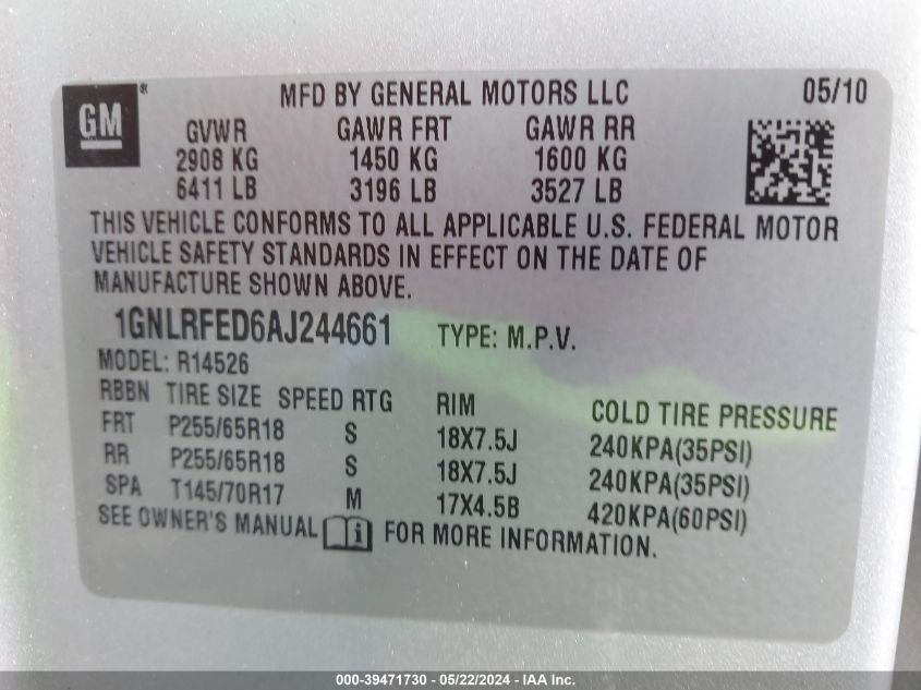 2010 Chevrolet Traverse Lt VIN: 1GNLRFED6AJ244661 Lot: 39471730