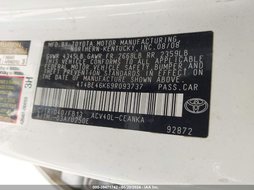 2009 Toyota Camry Le VIN: 4T4BE46K69R093737 Lot: 39471742