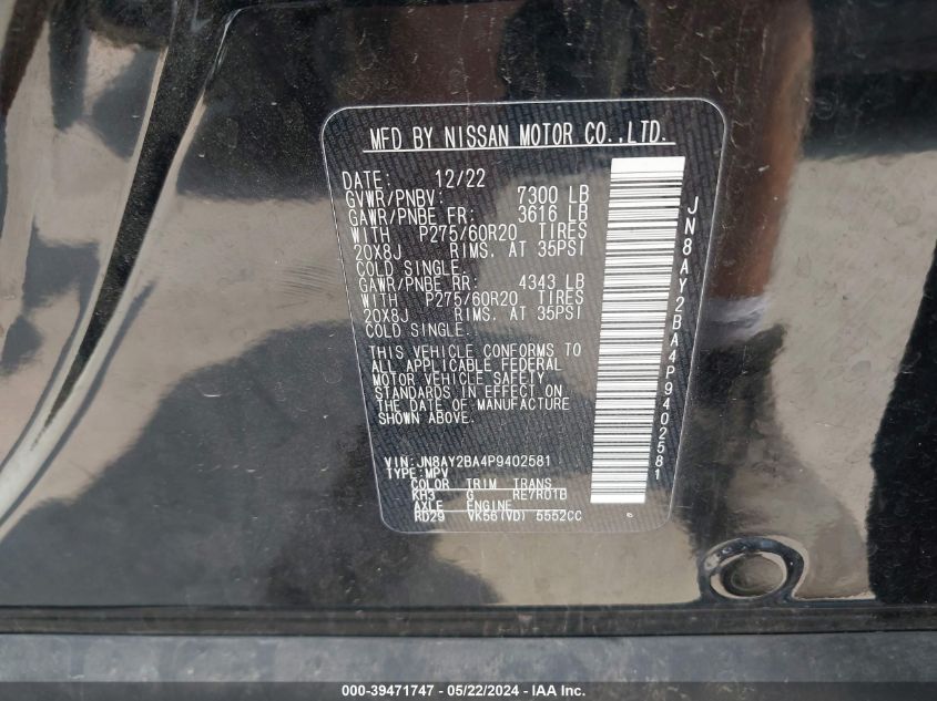 2023 Nissan Armada Sl 2Wd VIN: JN8AY2BA4P9402581 Lot: 39471747