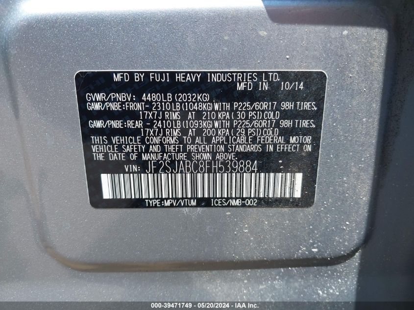 2015 Subaru Forester 2.5I VIN: JF2SJABC8FH539884 Lot: 39471749