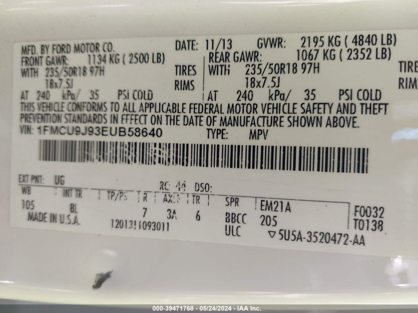 2014 Ford Escape Titanium VIN: 1FMCU9J93EUB58640 Lot: 39471768