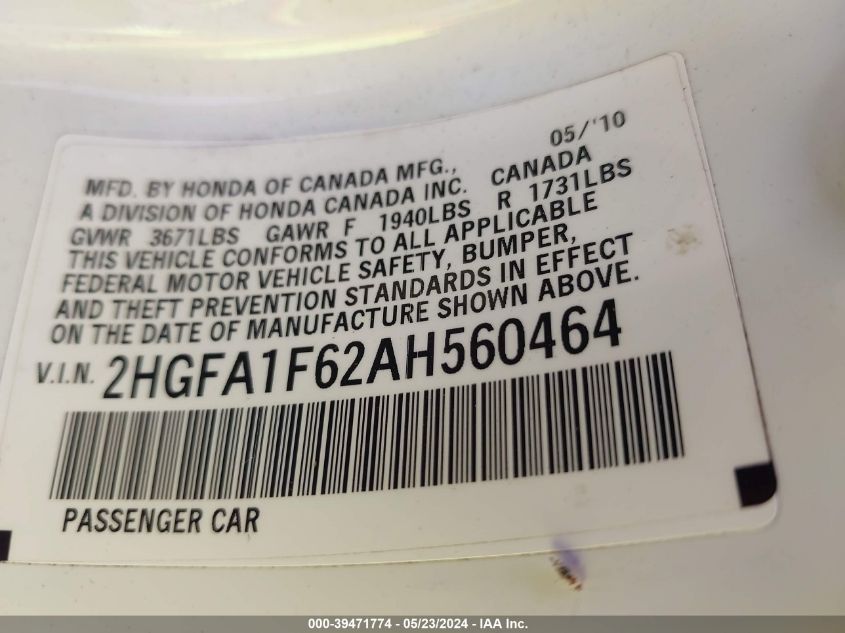 2010 Honda Civic Sdn Lx-S VIN: 2HGFA1F62AH560464 Lot: 39471774