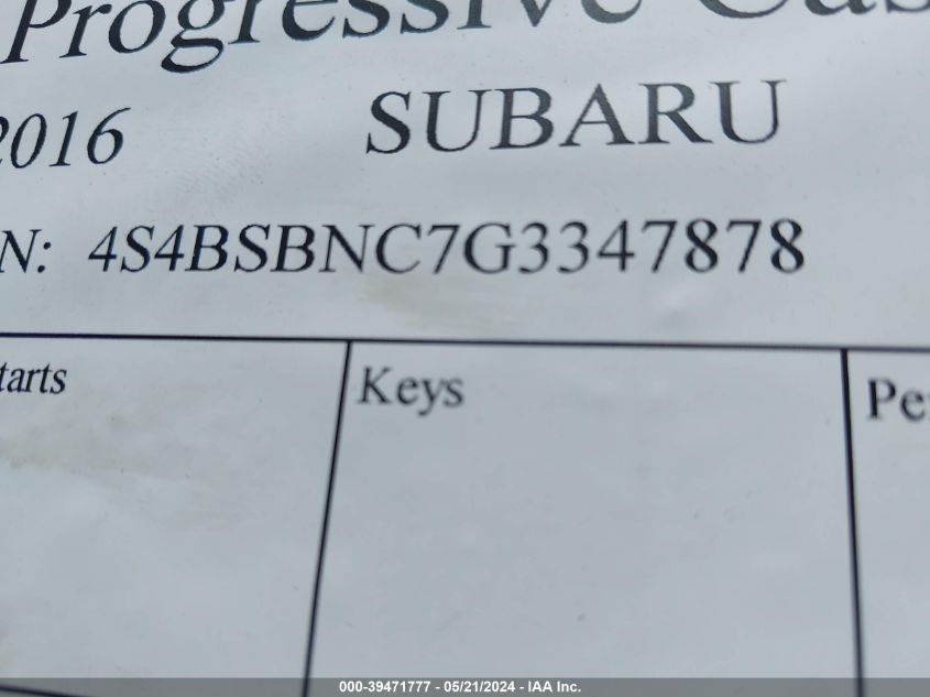 2016 Subaru Outback 2.5I Limited VIN: 4S4BSBNC7G3347878 Lot: 39471777