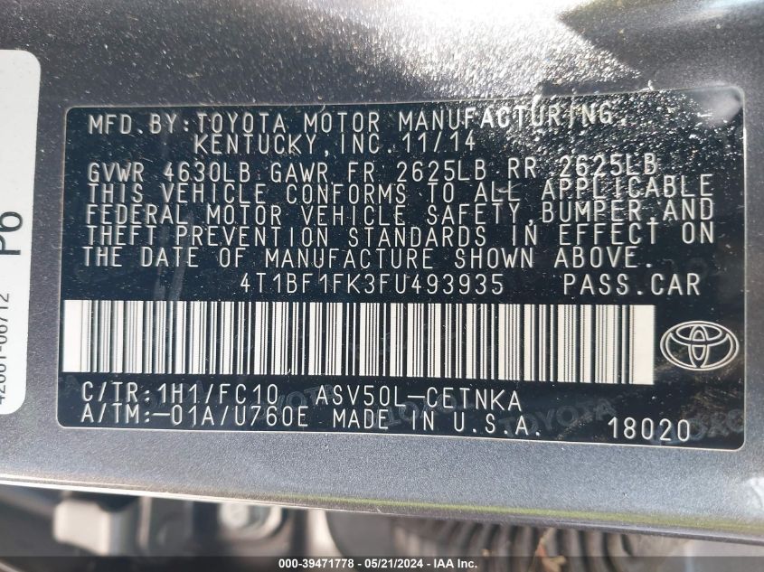 2015 Toyota Camry Le VIN: 4T1BF1FK3FU493935 Lot: 39471778