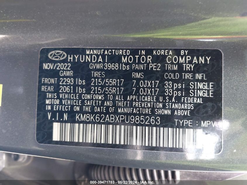 2023 Hyundai Kona Sel VIN: KM8K62ABXPU985263 Lot: 39471783