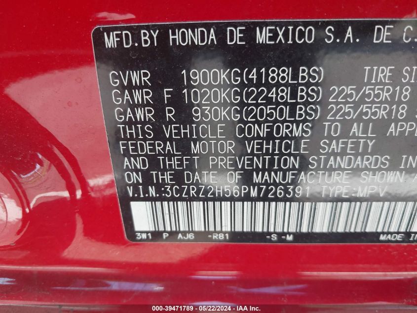 2023 Honda Hr-V Awd Sport VIN: 3CZRZ2H56PM726391 Lot: 39471789