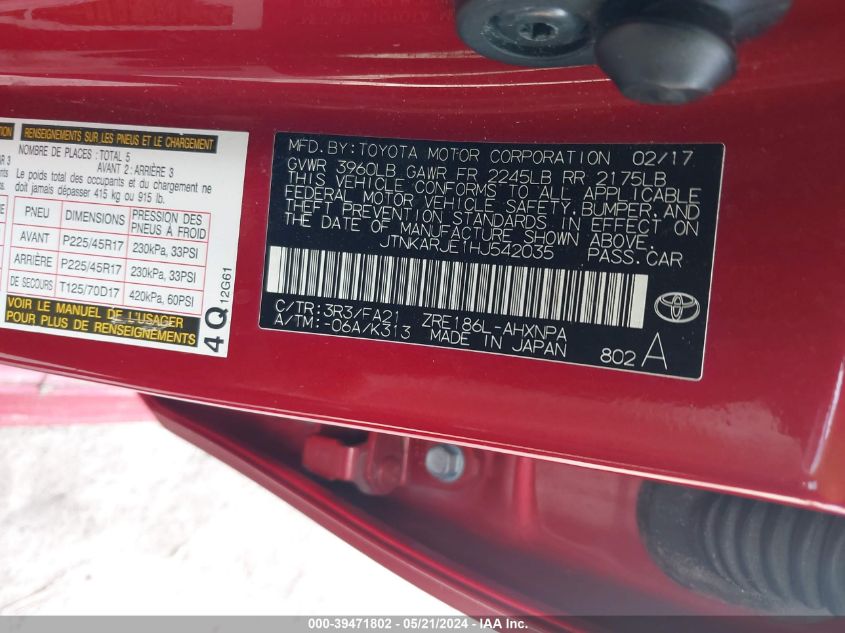 2017 Toyota Corolla Im VIN: JTNKARJE1HJ542035 Lot: 39471802