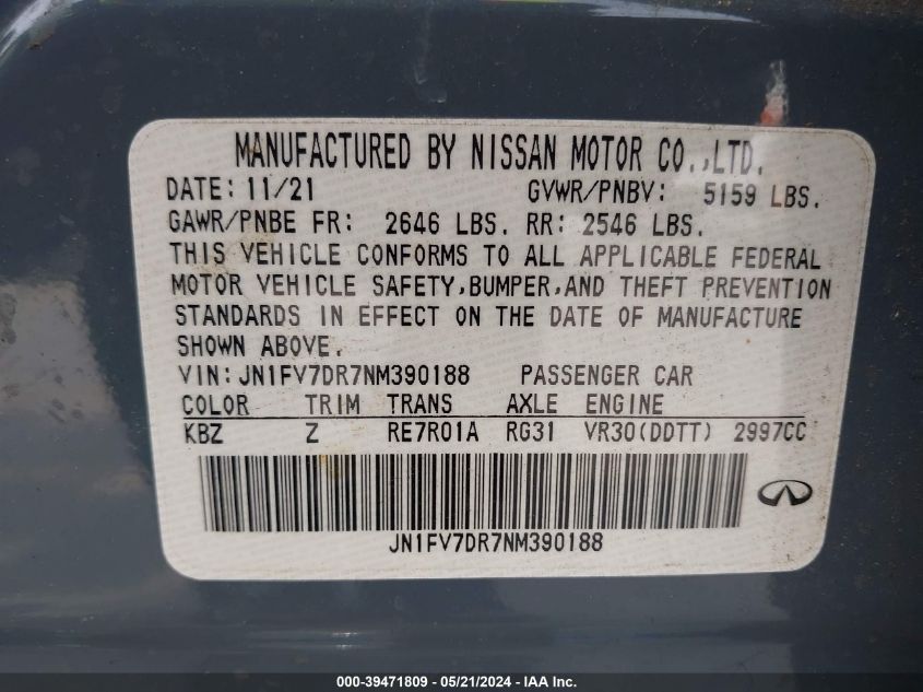 2022 Infiniti Q50 Red Sport 400 Awd VIN: JN1FV7DR7NM390188 Lot: 39471809