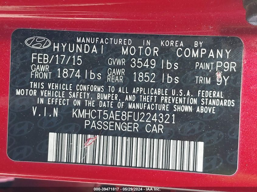 2015 Hyundai Accent Gs VIN: KMHCT5AE8FU224321 Lot: 39471817