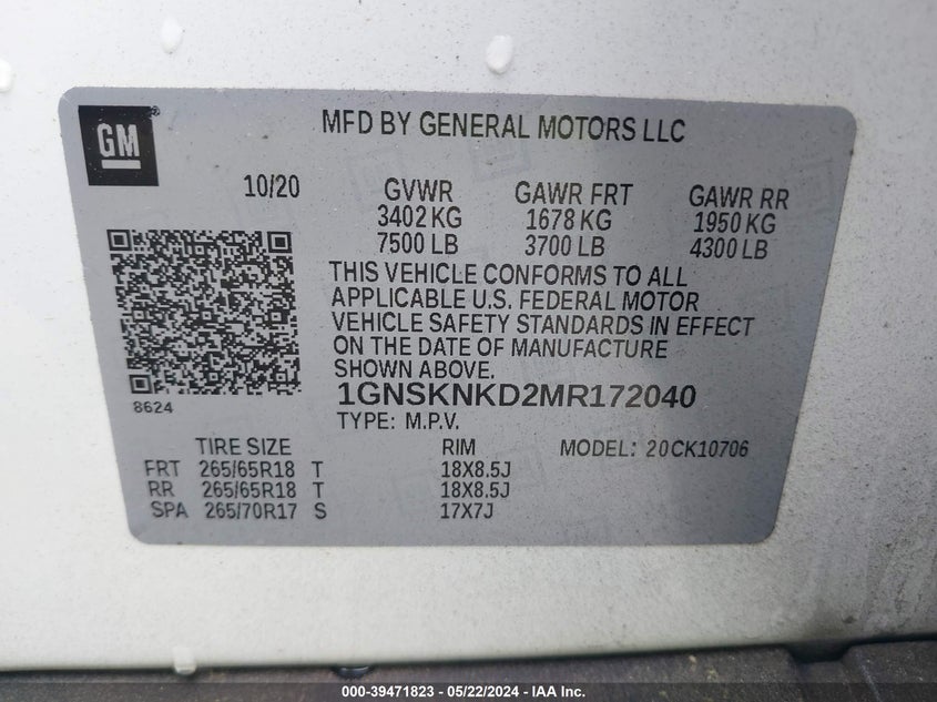 2021 Chevrolet Tahoe 4Wd Lt VIN: 1GNSKNKD2MR172040 Lot: 39471823