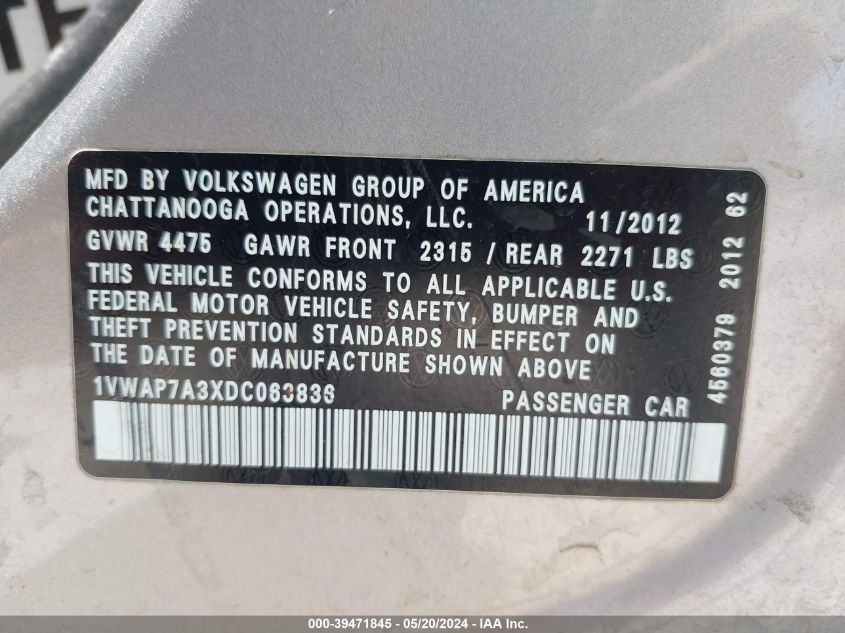 2013 Volkswagen Passat 2.5L S VIN: 1VWAP7A3XDC063836 Lot: 39471845