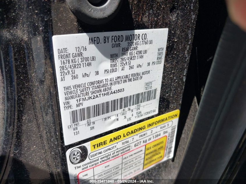 2017 Ford Expedition El Limited VIN: 1FMJK2AT1HEA43503 Lot: 39471848