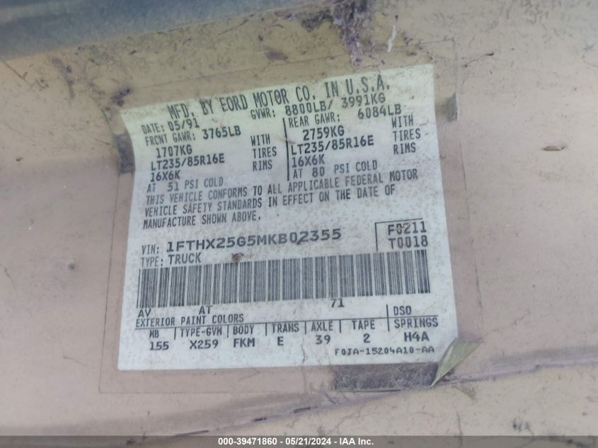1991 Ford F250 VIN: 1FTHX25G5MKB02355 Lot: 39471860