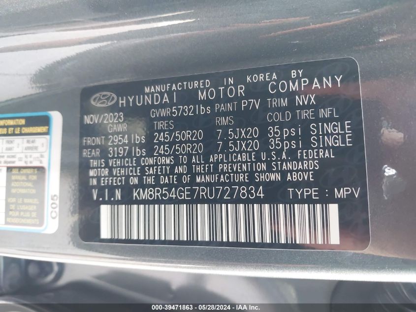 2024 Hyundai Palisade Limited VIN: KM8R54GE7RU727834 Lot: 39471863