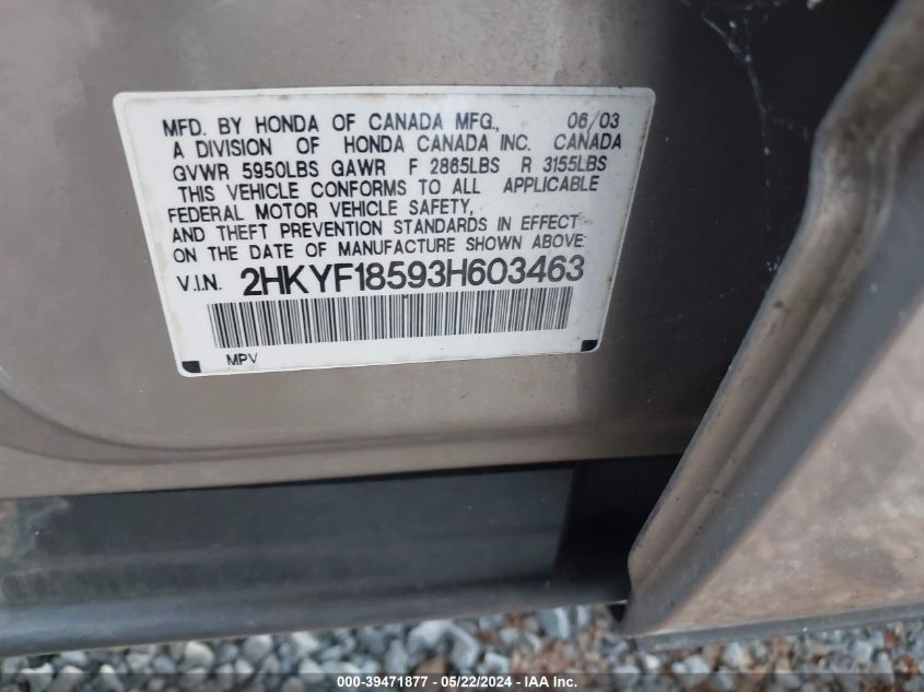 2003 Honda Pilot Ex-L VIN: 2HKYF18593H603463 Lot: 39471877