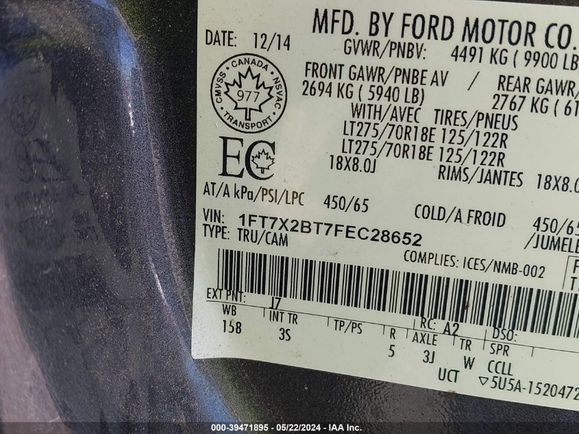 2015 Ford F-250 Xlt VIN: 1FT7X2BT7FEC28652 Lot: 39471895