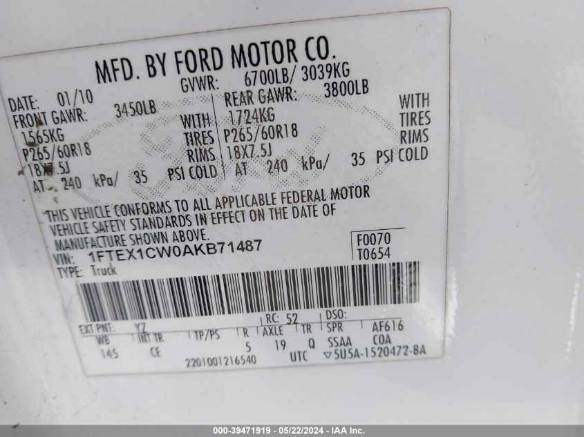 2010 Ford F-150 Stx/Xl VIN: 1FTEX1CW0AKB71487 Lot: 39471919