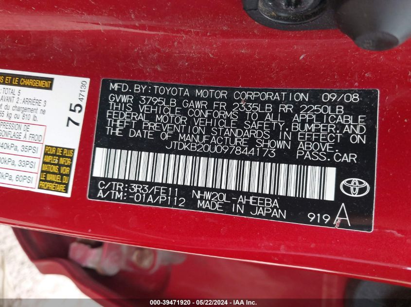 2009 Toyota Prius VIN: JTDKB20U097844173 Lot: 39471920