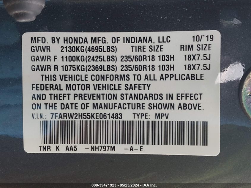 2019 Honda Cr-V Ex VIN: 7FARW2H55KE061483 Lot: 39471923