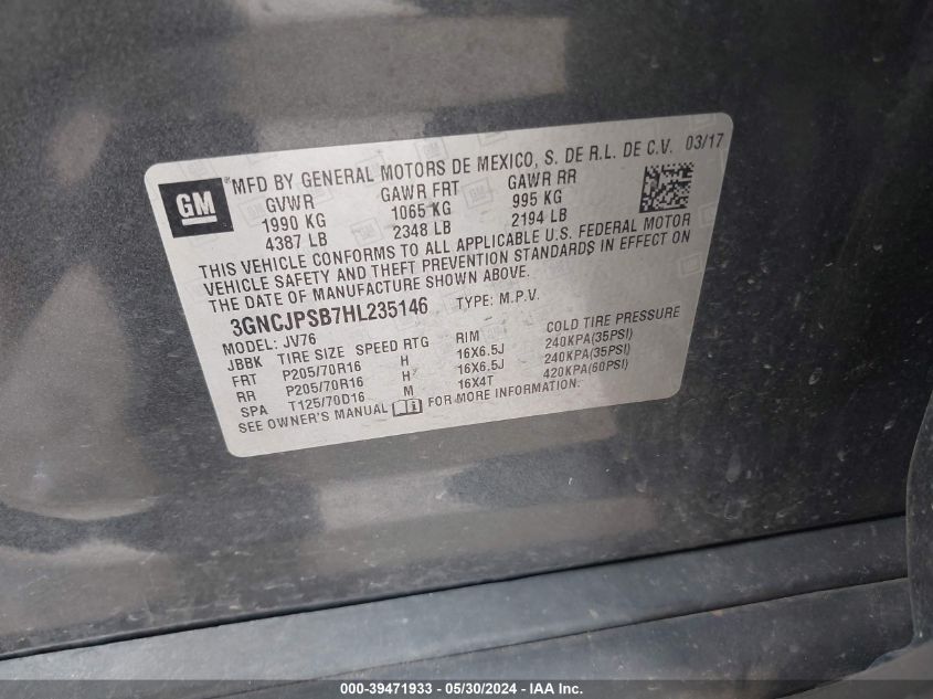 2017 Chevrolet Trax Lt VIN: 3GNCJPSB7HL235146 Lot: 39471933