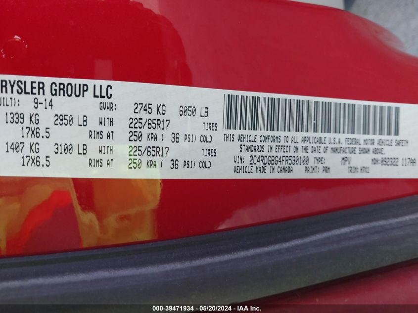 2015 Dodge Grand Caravan American Value Pkg VIN: 2C4RDGBG4FR530100 Lot: 39471934