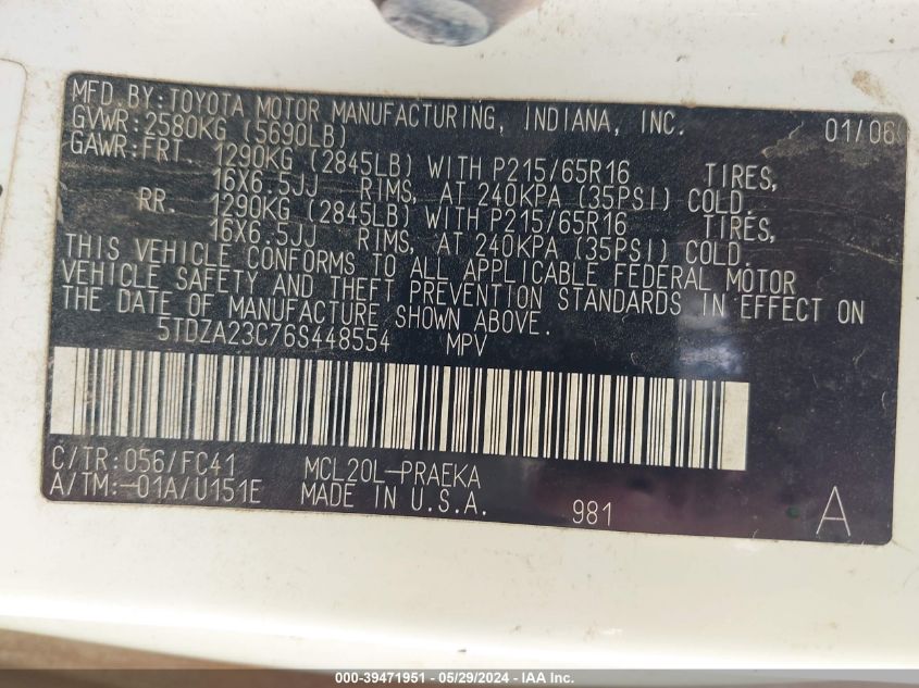 2006 Toyota Sienna Le VIN: 5TDZA23C76S448554 Lot: 39471951