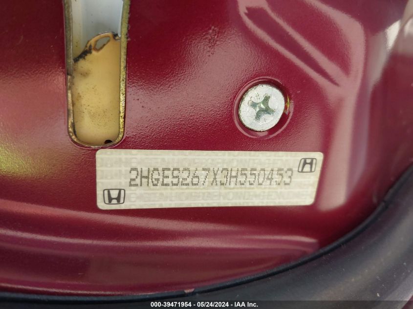 2003 Honda Civic Ex VIN: 2HGES267X3H550453 Lot: 39471954