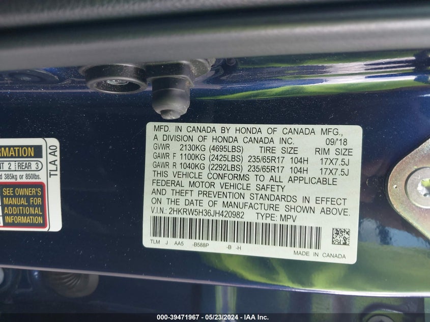 2018 HONDA CR-V LX - 2HKRW5H36JH420982